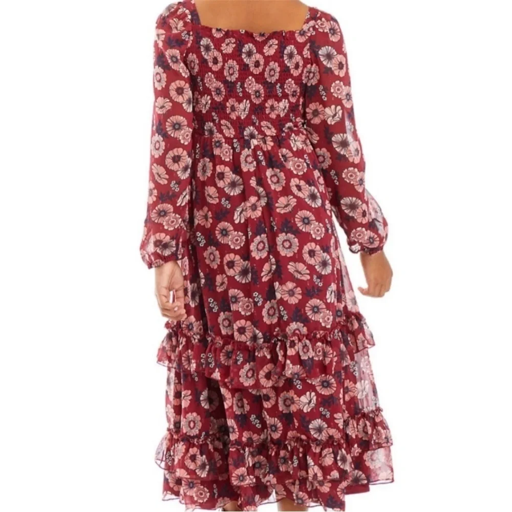 Rare Editions Big Girls Printed Lurex Chiffon Smocked Maxi Dress - Burgundy